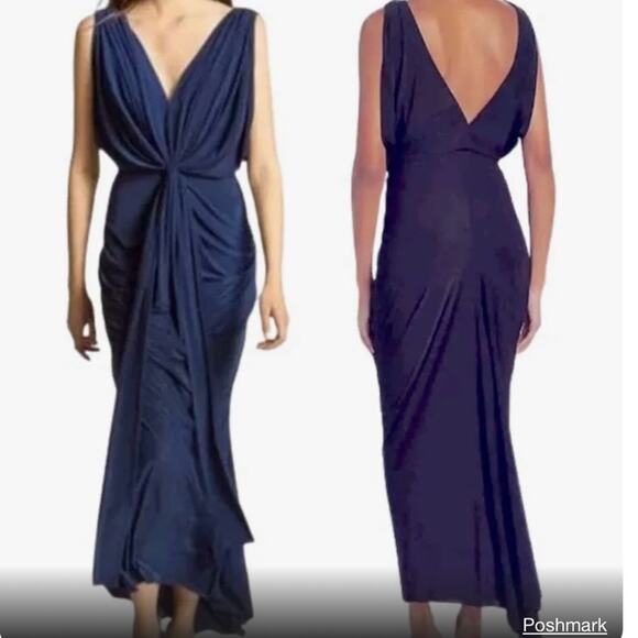 Misa‎ Los Angeles Elegant Navy Blue V-Neck Evening Gown Formal Draped Maxi  xs - Picture 1 of 13